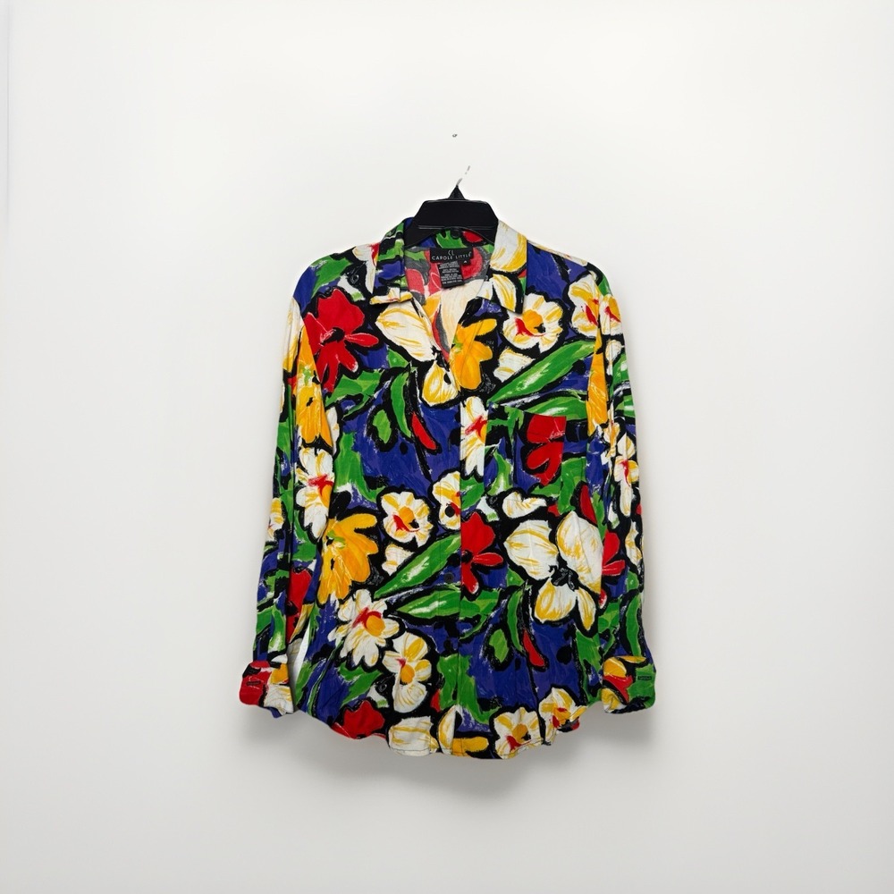 Carole Little Art to Wear Floral Blouse Button Front Colorful Semi-Sheer  Size 4